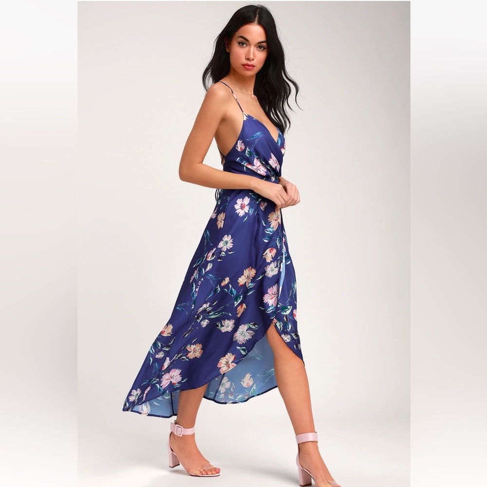 Lulu's Blue Sleeveless Spaghetti Strap Midi Dress with Slit